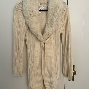 White House Black Market Cream Knit Long Cardigan with Faux Fur Collar